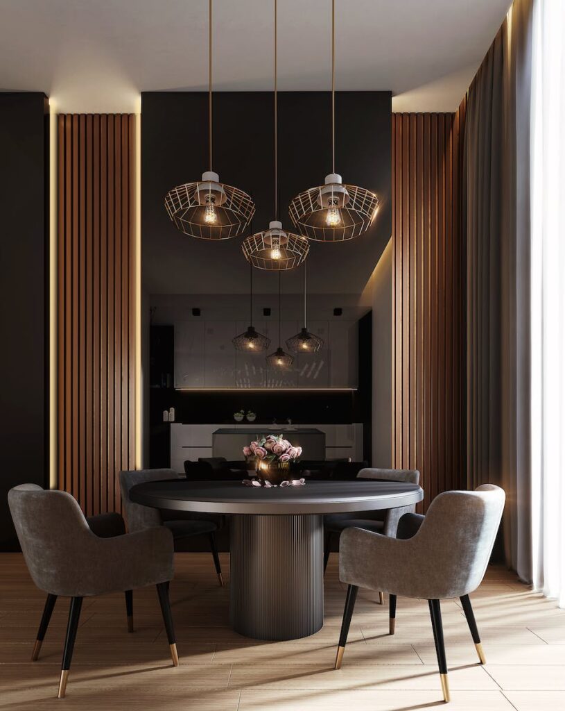 Photo by Houzlook .com Gray Dining Table Under Pendant Lamps
